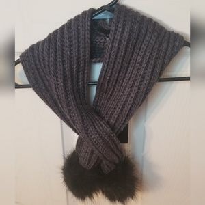 Charcoal knit Scarf with Faux fur poms